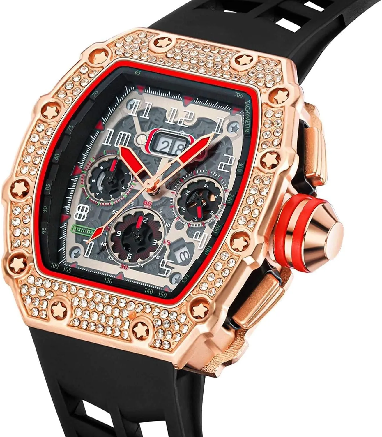 Tonneau Rectangle Watches for Men Waterproof Analog Chronograph Sports Work Mens Wrist Watch Luminous Silicone minimal mask halfway Band Gosasa Mens Unique Punk Bling Iced Out Dress Watches 