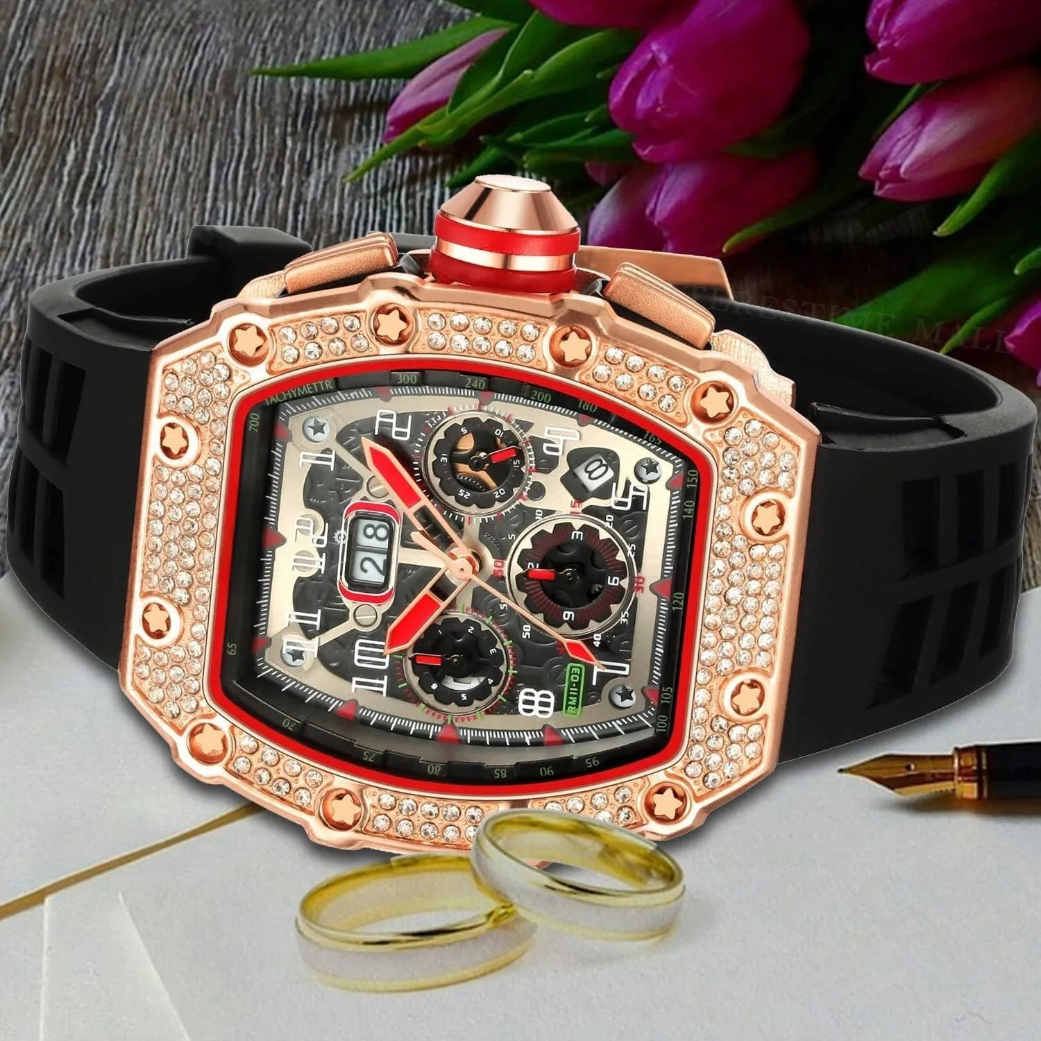 Tonneau Rectangle Watches for Men Waterproof Analog Chronograph Sports Work Mens Wrist Watch Luminous Silicone minimal mask halfway Band Gosasa Mens Unique Punk Bling Iced Out Dress Watches 