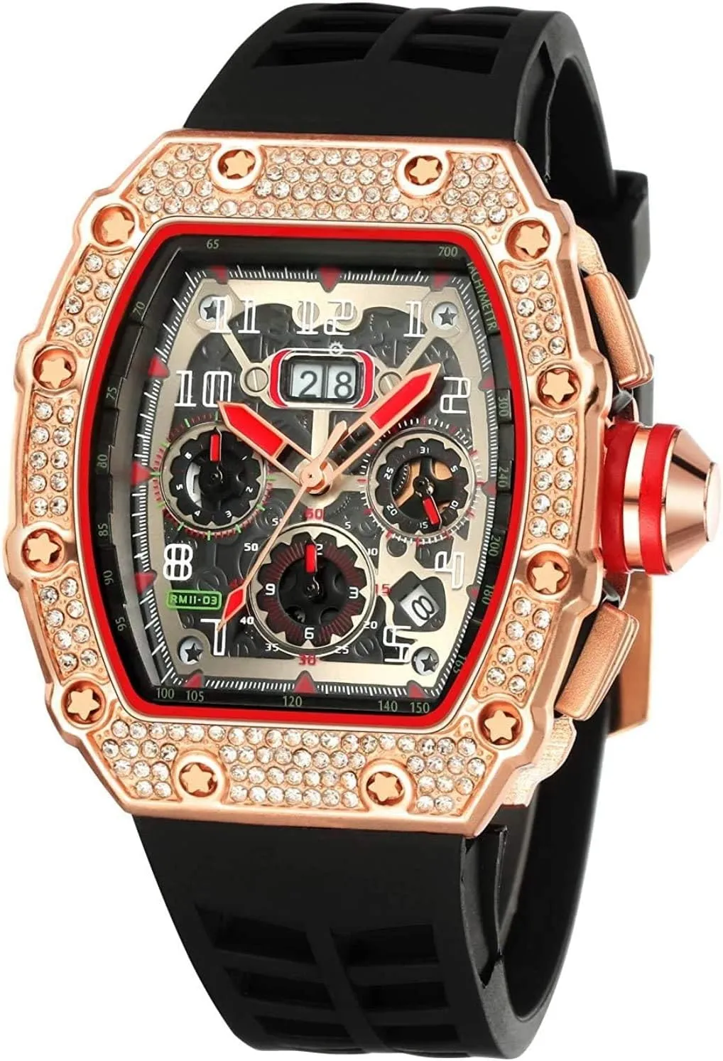 Tonneau Rectangle Watches for Men Waterproof Analog Chronograph Sports Work Mens Wrist Watch Luminous Silicone minimal mask halfway Band Gosasa Mens Unique Punk Bling Iced Out Dress Watches 