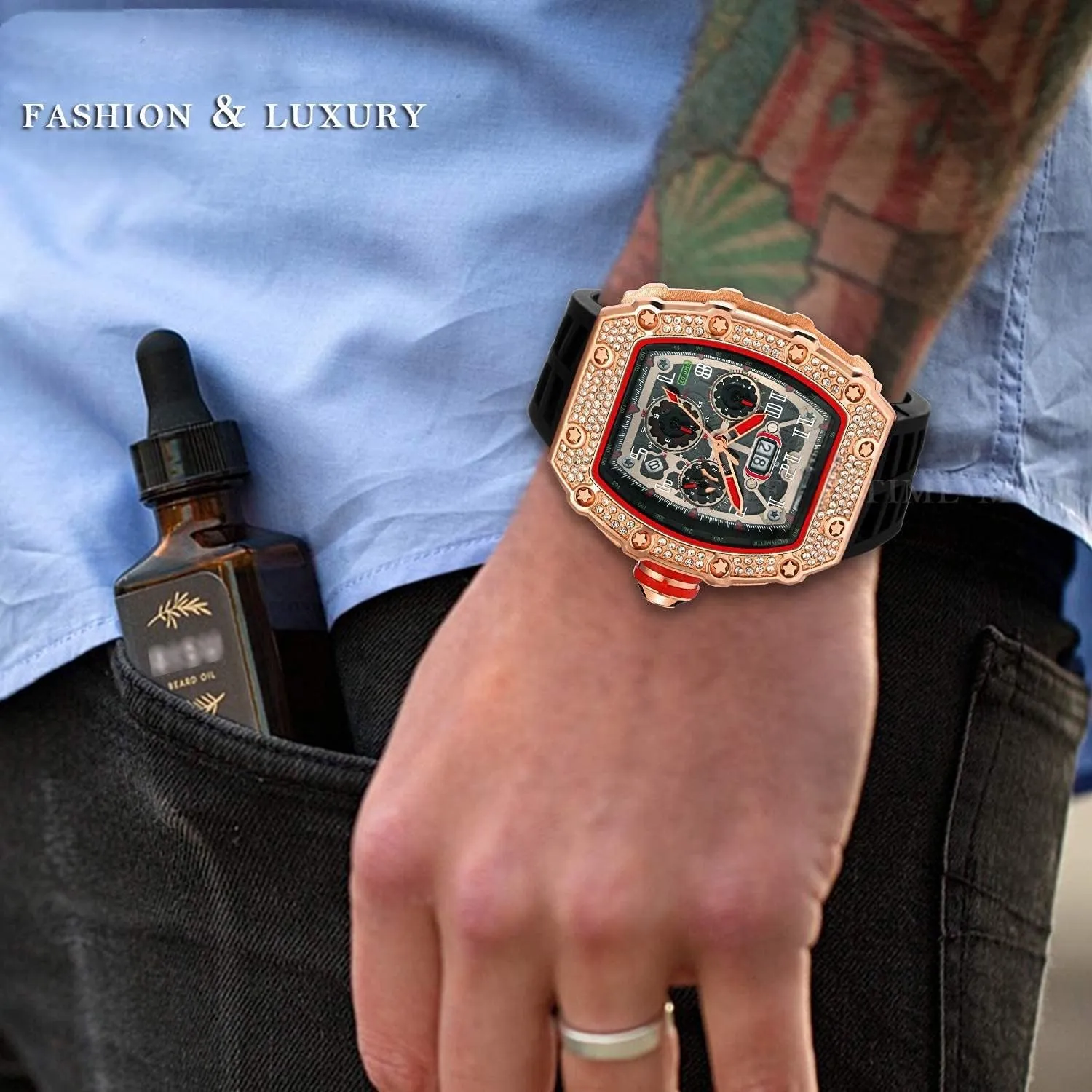 Tonneau Rectangle Watches for Men Waterproof Analog Chronograph Sports Work Mens Wrist Watch Luminous Silicone minimal mask halfway Band Gosasa Mens Unique Punk Bling Iced Out Dress Watches 