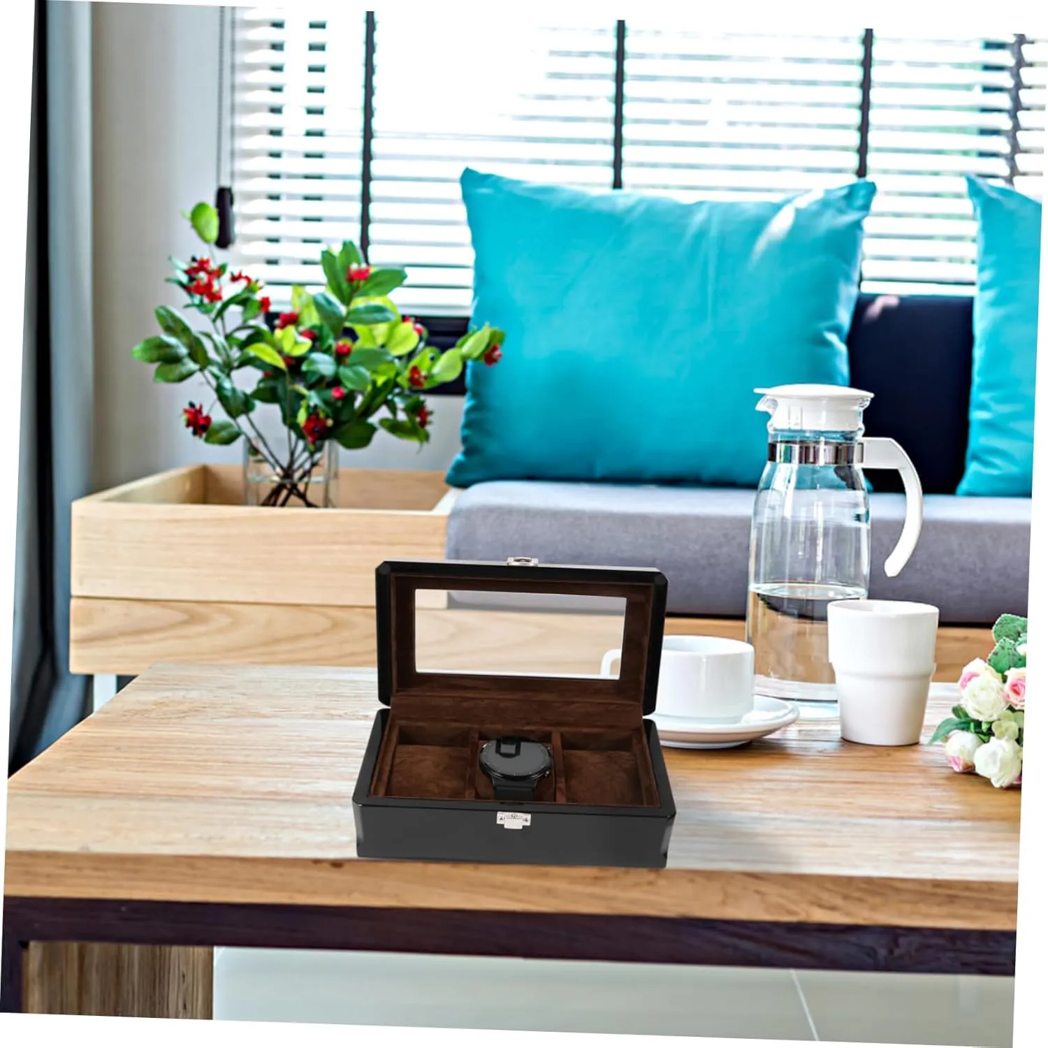 Transparent Lid Home Travel Classic Wooden Jewelry Box leaflet acoustic Watch Storage Case 