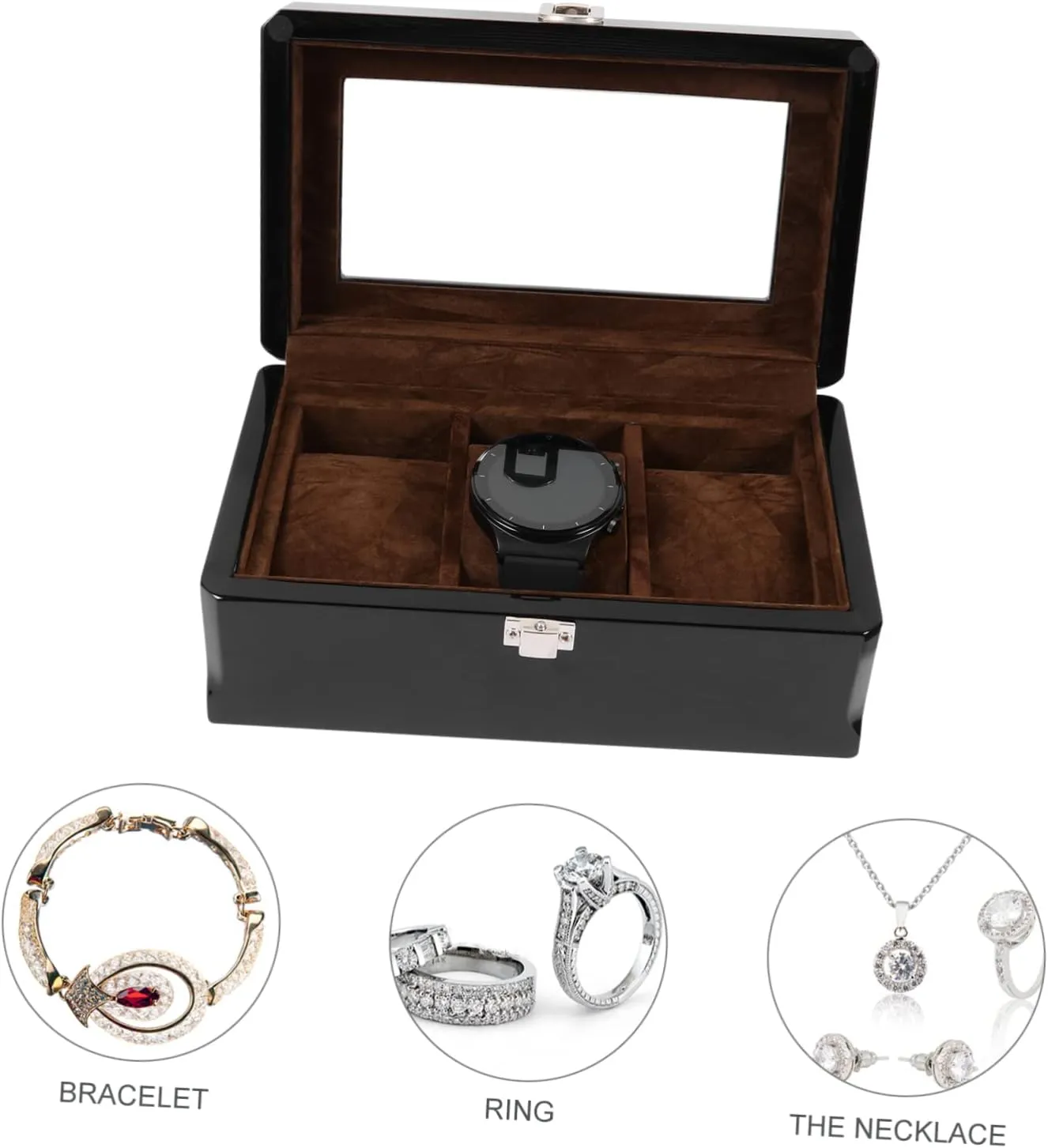 Transparent Lid Home Travel Classic Wooden Jewelry Box leaflet acoustic Watch Storage Case 