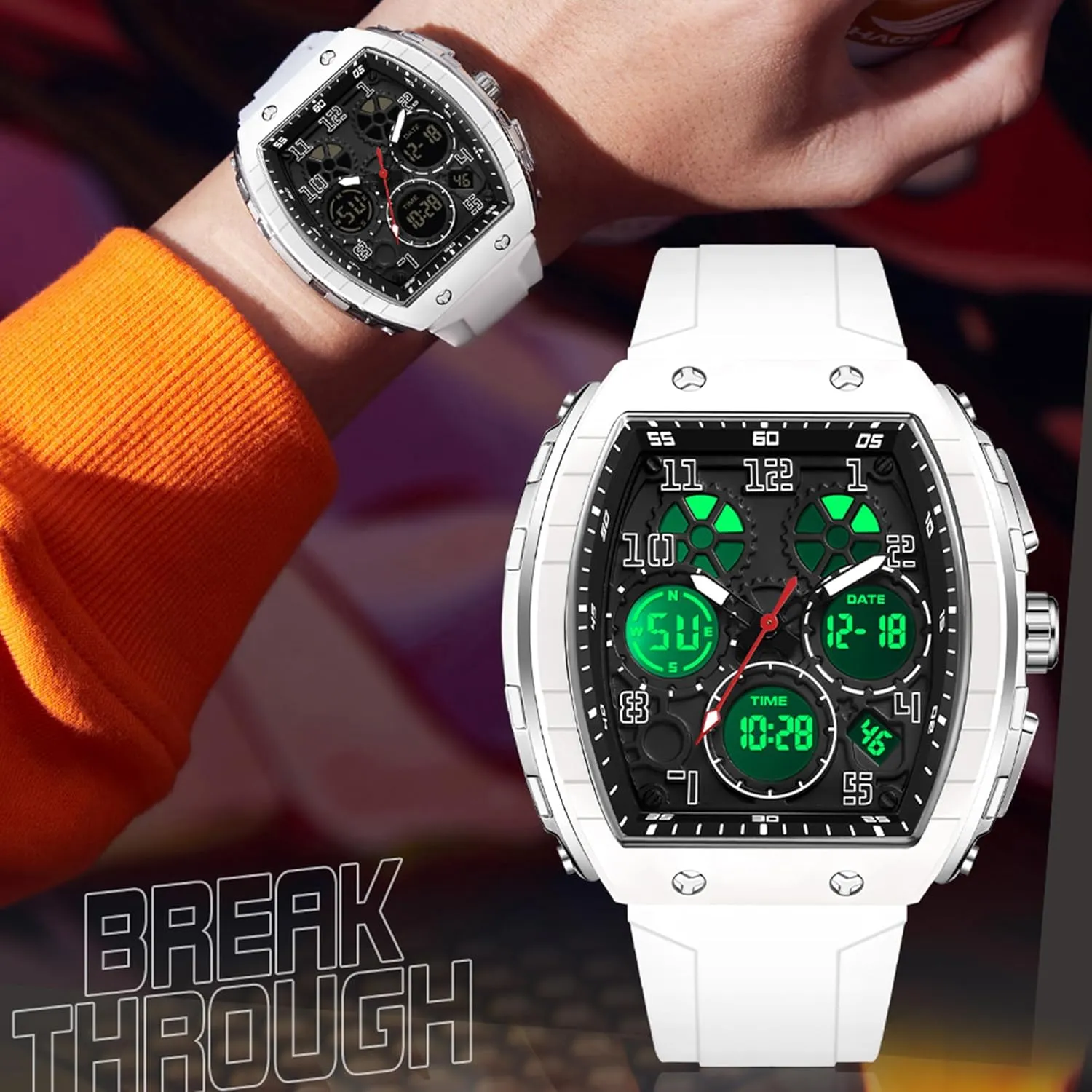 Unique Watches for Men Digital Waterproof rush proportion Watch Sports Alarm Stopwatch Tonneau Design Punk Analog Wrist Watch Calendar Dual Time Display Silicone Band findtime Mens Watches 