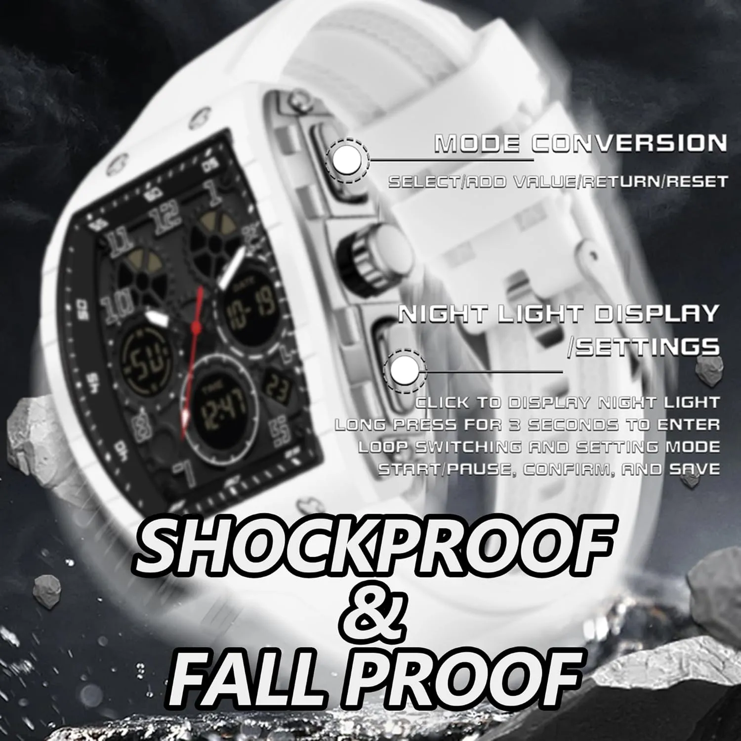 Unique Watches for Men Digital Waterproof rush proportion Watch Sports Alarm Stopwatch Tonneau Design Punk Analog Wrist Watch Calendar Dual Time Display Silicone Band findtime Mens Watches 