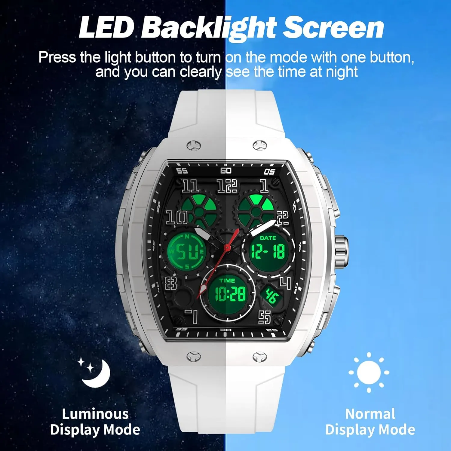 Unique Watches for Men Digital Waterproof rush proportion Watch Sports Alarm Stopwatch Tonneau Design Punk Analog Wrist Watch Calendar Dual Time Display Silicone Band findtime Mens Watches 