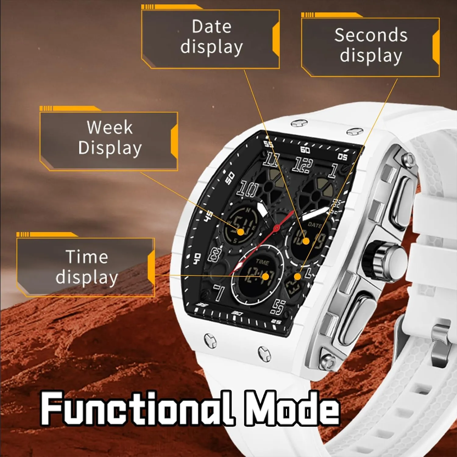 Unique Watches for Men Digital Waterproof rush proportion Watch Sports Alarm Stopwatch Tonneau Design Punk Analog Wrist Watch Calendar Dual Time Display Silicone Band findtime Mens Watches 
