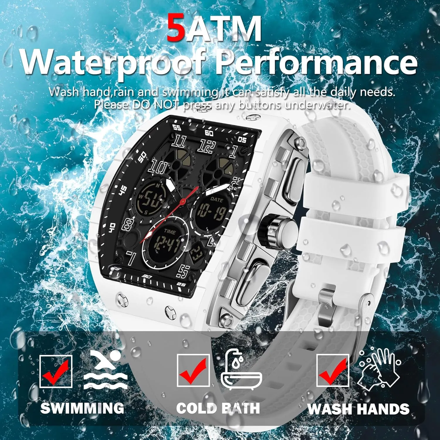 Unique Watches for Men Digital Waterproof rush proportion Watch Sports Alarm Stopwatch Tonneau Design Punk Analog Wrist Watch Calendar Dual Time Display Silicone Band findtime Mens Watches 