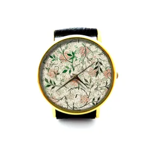Unisex Watch, William Morris Art Jewelry P319 Vintage Aesthetic Leather Watch, sierra night William Morris Print Ladies Watch, 