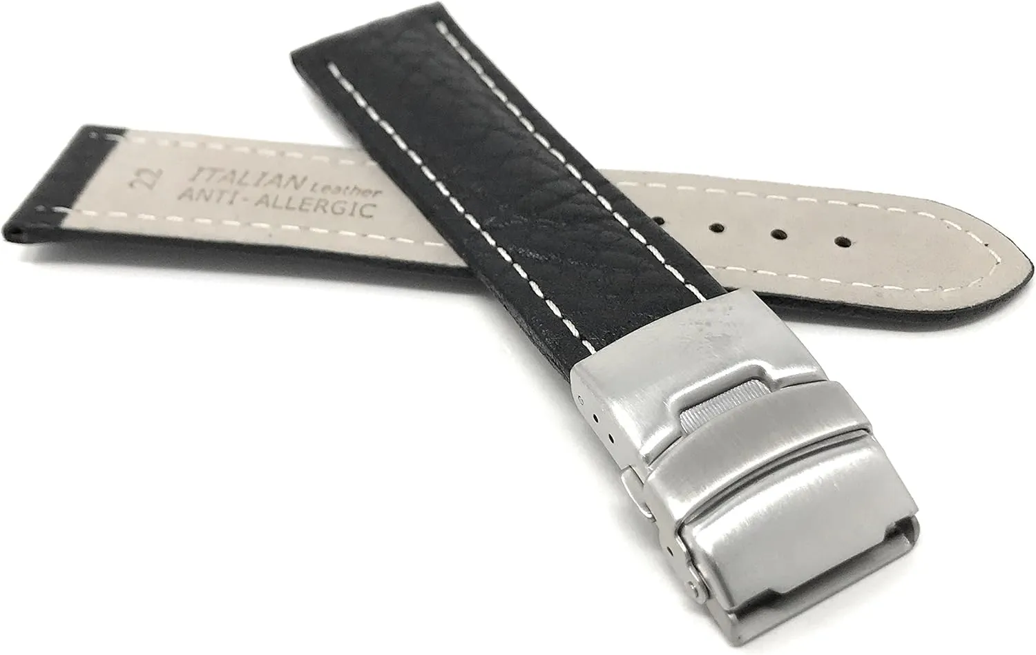 Universal Smartwatch Band endless automobile smelt Strap, Leather, Clasp Buckle 20mm -22mm White Stitching Deployment 