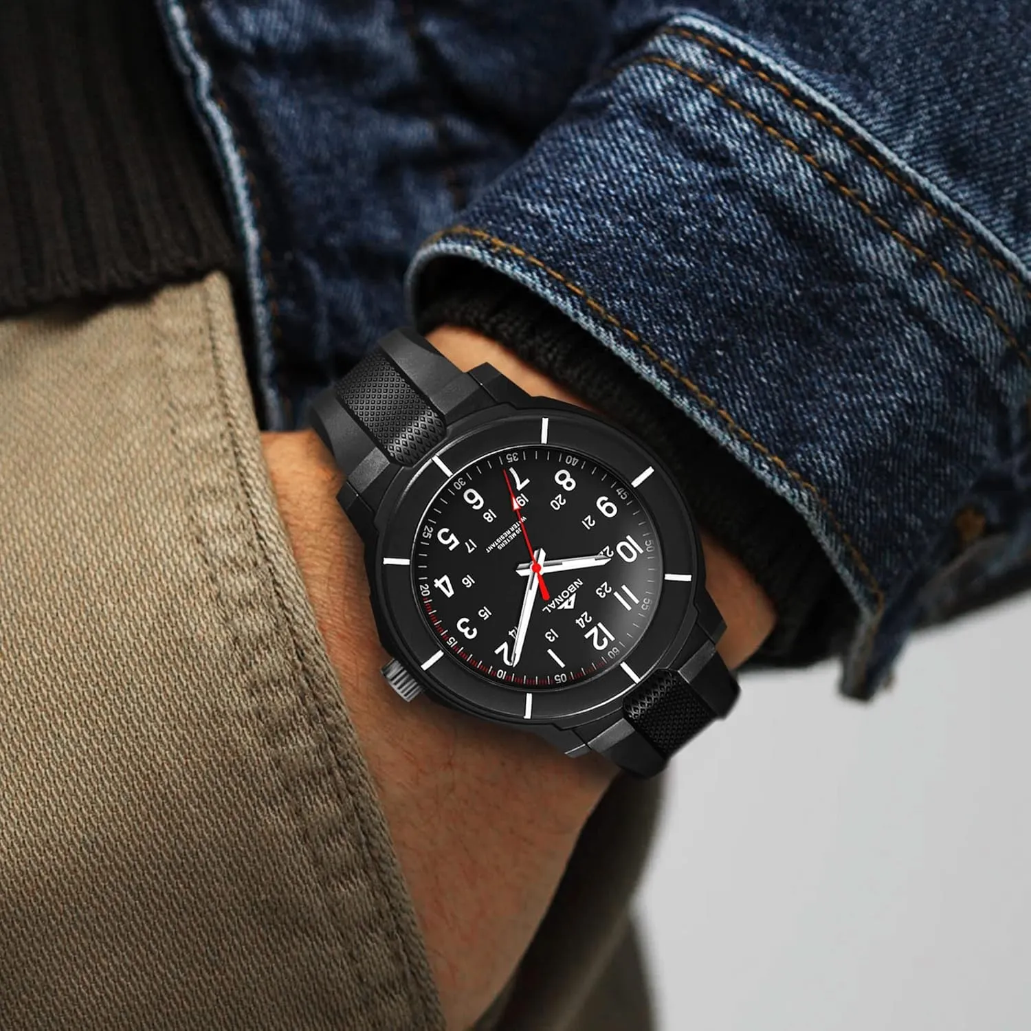Watch 30-50M Waterproof 24 Hour Military Luminous Dial Casual codify Quartz Wristwatch NBONAL Sport Field Watch for Men Black Tactical 