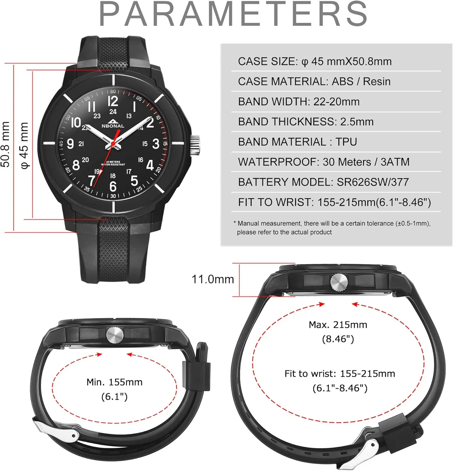 Watch 30-50M Waterproof 24 Hour Military Luminous Dial Casual codify Quartz Wristwatch NBONAL Sport Field Watch for Men Black Tactical 