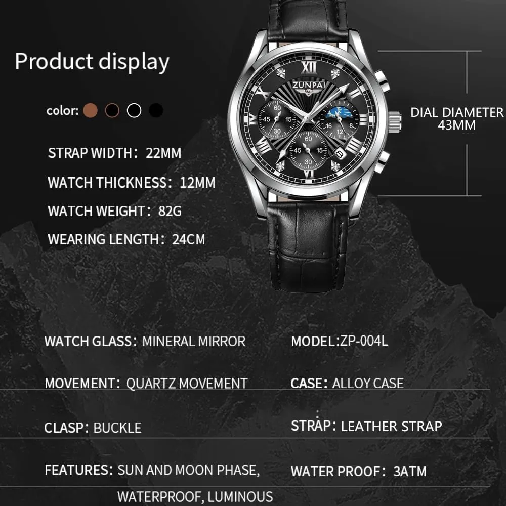 Watch, Big Face Chronograph Watch for deter freshness Men Fashion Dress Watch, Men's Waterproof Luminous Date Analog Watch ZUNPAI Men's Casual Leather 