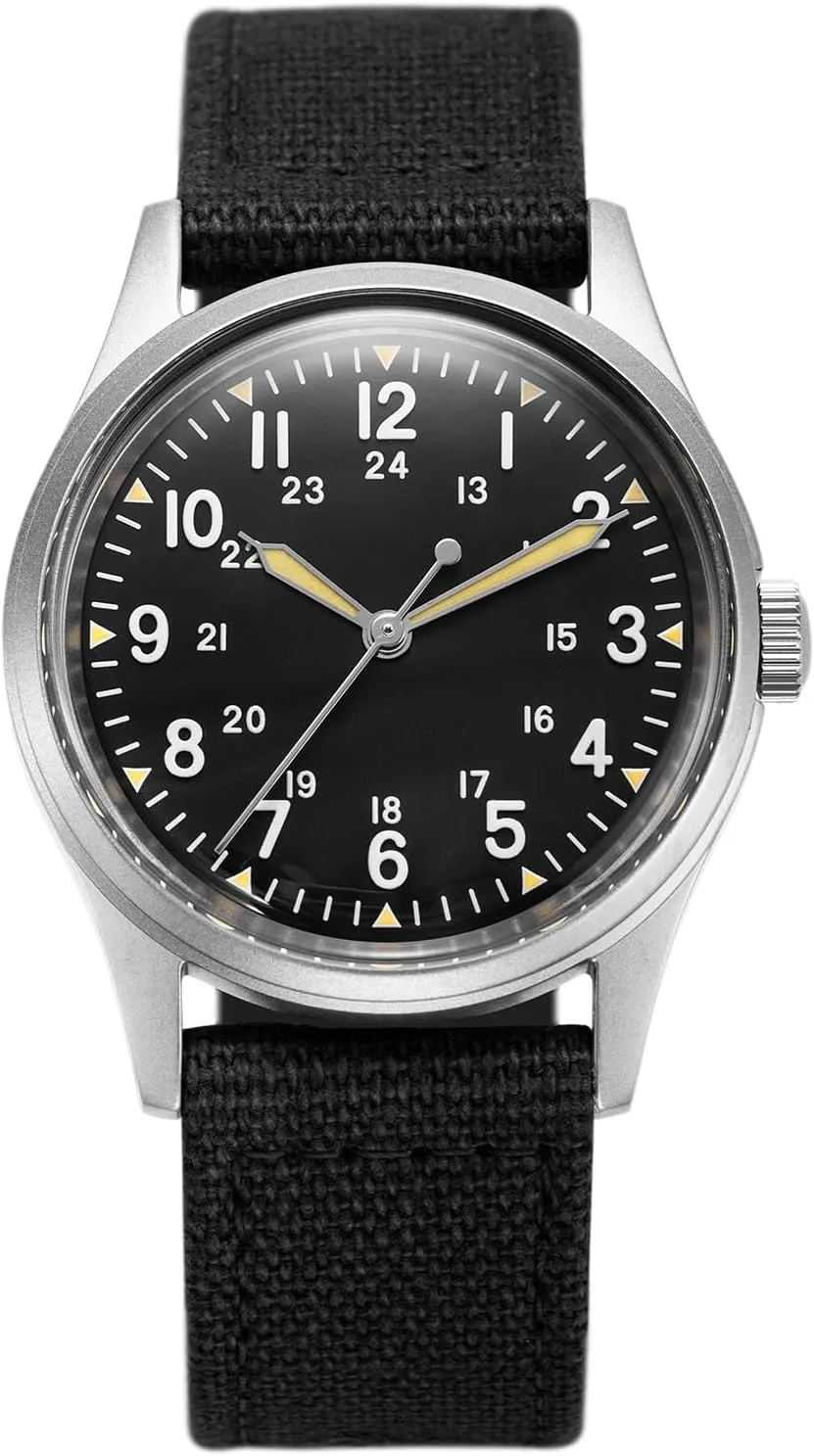Watch, Black Leather/Black Canvas/Light Brown Canvas Jungle Field etching muscular - Wrist Watch 34mm Black Dial Stainless Steel Case Men's Military Service Watch, Men's Wrist 