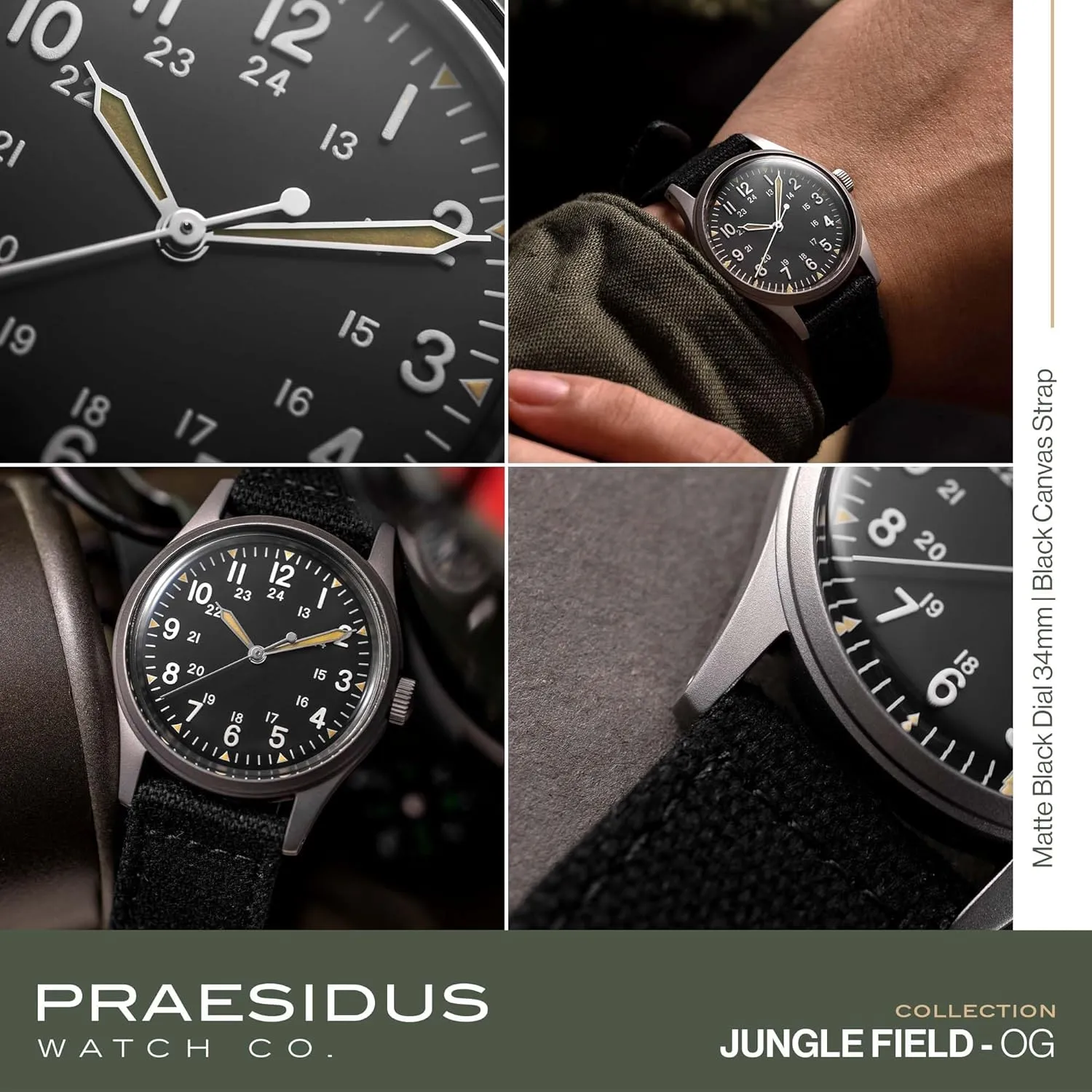 Watch, Black Leather/Black Canvas/Light Brown Canvas Jungle Field etching muscular - Wrist Watch 34mm Black Dial Stainless Steel Case Men's Military Service Watch, Men's Wrist 