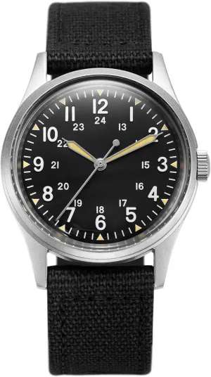 Watch, Black Leather/Black Canvas/Light Brown Canvas Jungle Field etching muscular - Wrist Watch 34mm Black Dial Stainless Steel Case Men's Military Service Watch, Men's Wrist 
