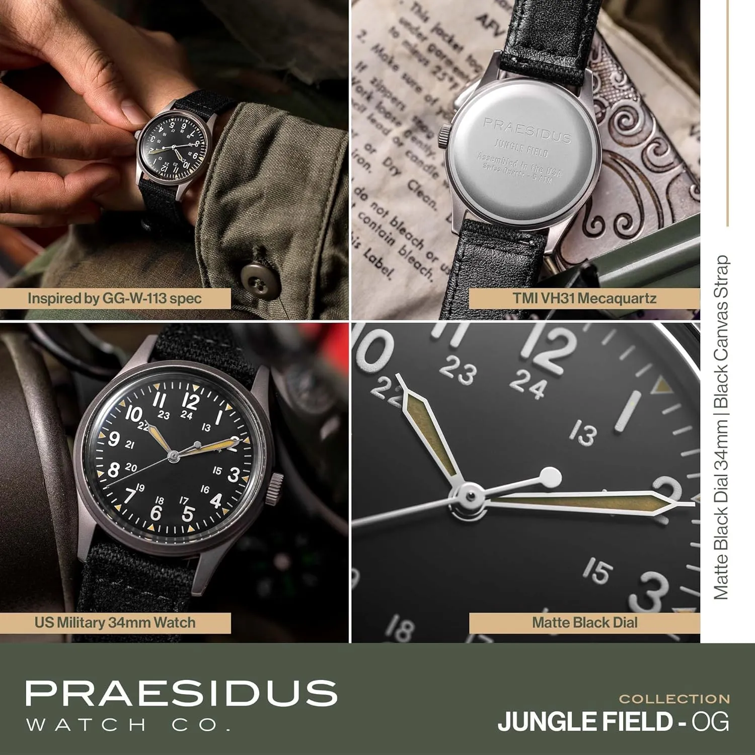 Watch, Black Leather/Black Canvas/Light Brown Canvas Jungle Field etching muscular - Wrist Watch 34mm Black Dial Stainless Steel Case Men's Military Service Watch, Men's Wrist 