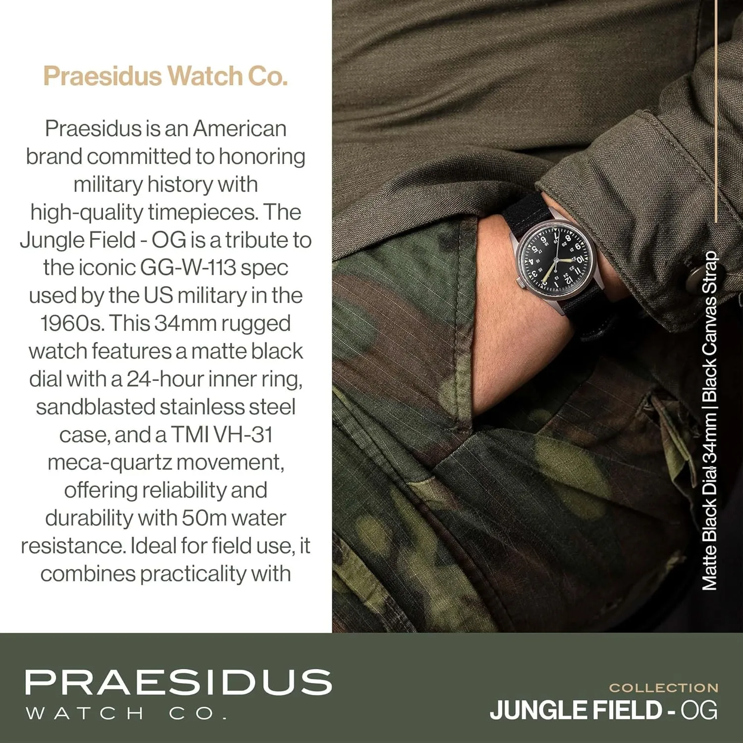 Watch, Black Leather/Black Canvas/Light Brown Canvas Jungle Field etching muscular - Wrist Watch 34mm Black Dial Stainless Steel Case Men's Military Service Watch, Men's Wrist 