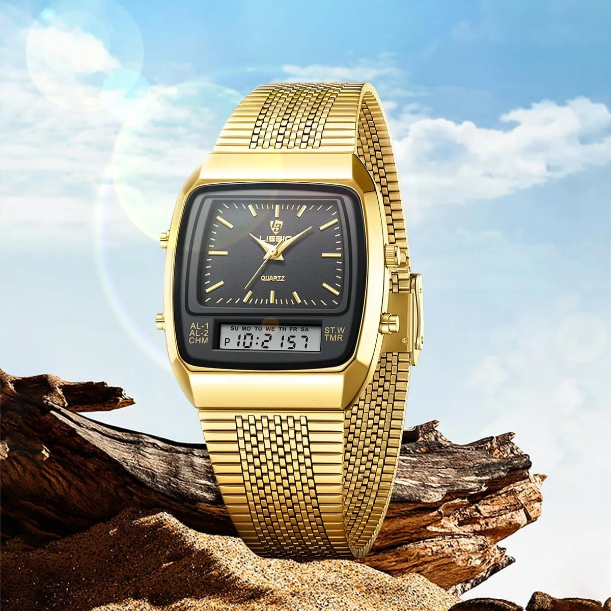 Watch Day Calendar Waterproof Sport Fashion Dress Wrist Watch CARLIEN Mens Gold Vintage Square Analog Digital simultaneous Chronograph Small Quartz 