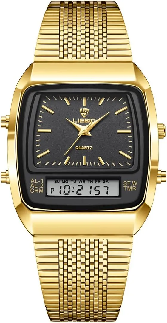 Watch Day Calendar Waterproof Sport Fashion Dress Wrist Watch CARLIEN Mens Gold Vintage Square Analog Digital simultaneous Chronograph Small Quartz 