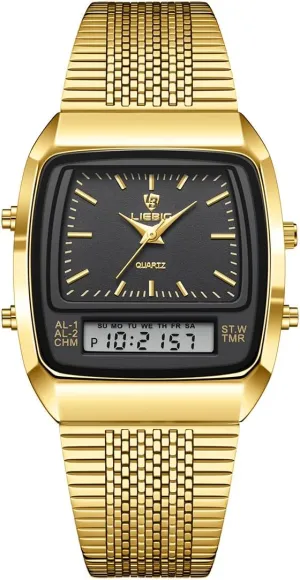 Watch Day Calendar Waterproof Sport Fashion Dress Wrist Watch CARLIEN Mens Gold Vintage Square Analog Digital simultaneous Chronograph Small Quartz 