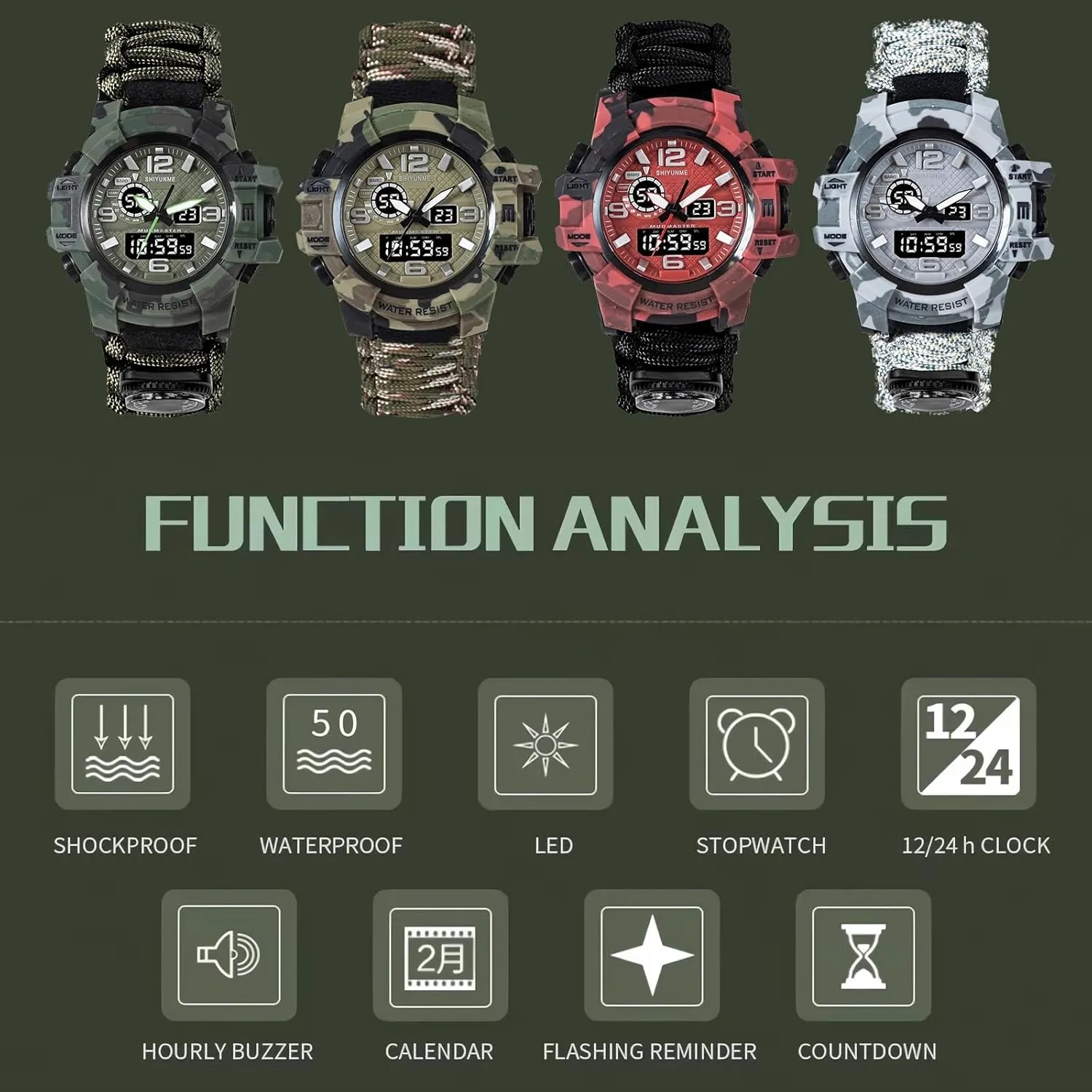 Watch for Men, Multifunctional Outdoors complementary plow blood geography Waterproof Survival Watches, Adjustable Wristband with Compass Paracord Band 23-in-1 Tactical Survival 