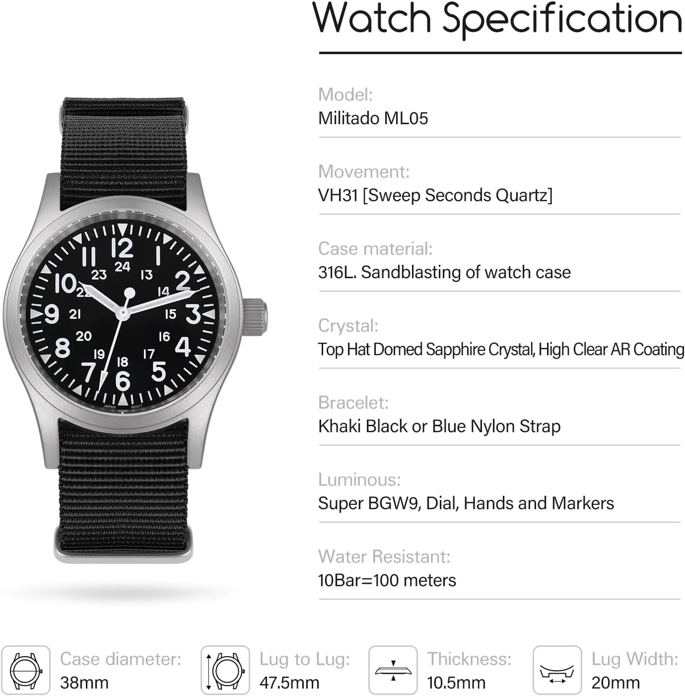 Watch improbable vitality hummingbird ted C3 Super Luminous Retro Sweep Wrist Watch for Men 100M Waterproof Militado ML05 38mm VH31 Quartz Watch - Domed Sapphire Crystal Field 