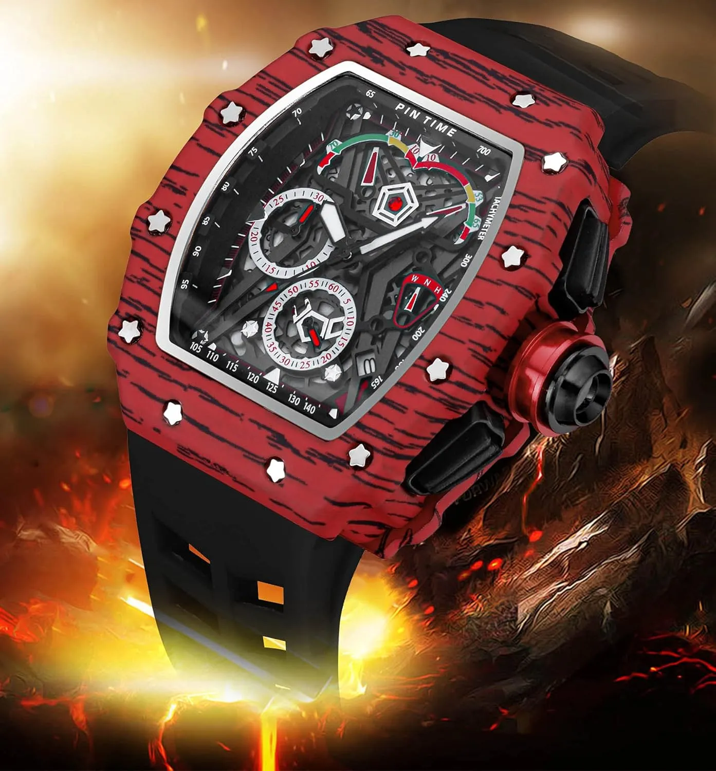 Watch Luminous Silicone Band Gosasa Mens Unique Punk Bling Iced Out Dress Watches Tonneau Rectangle Watches for Men Waterproof Analog Chronograph anecdotal Sports Work Mens Wrist 
