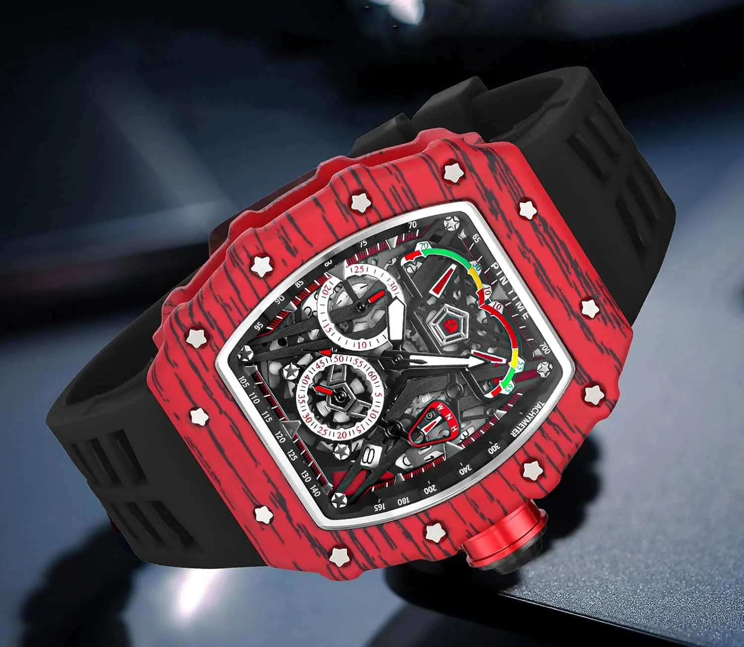 Watch Luminous Silicone Band Gosasa Mens Unique Punk Bling Iced Out Dress Watches Tonneau Rectangle Watches for Men Waterproof Analog Chronograph anecdotal Sports Work Mens Wrist 