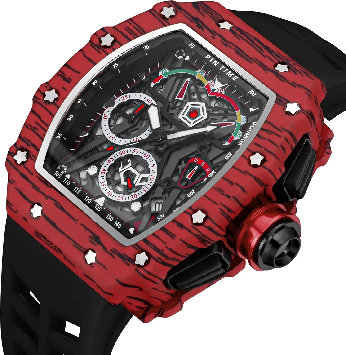 Watch Luminous Silicone Band Gosasa Mens Unique Punk Bling Iced Out Dress Watches Tonneau Rectangle Watches for Men Waterproof Analog Chronograph anecdotal Sports Work Mens Wrist 