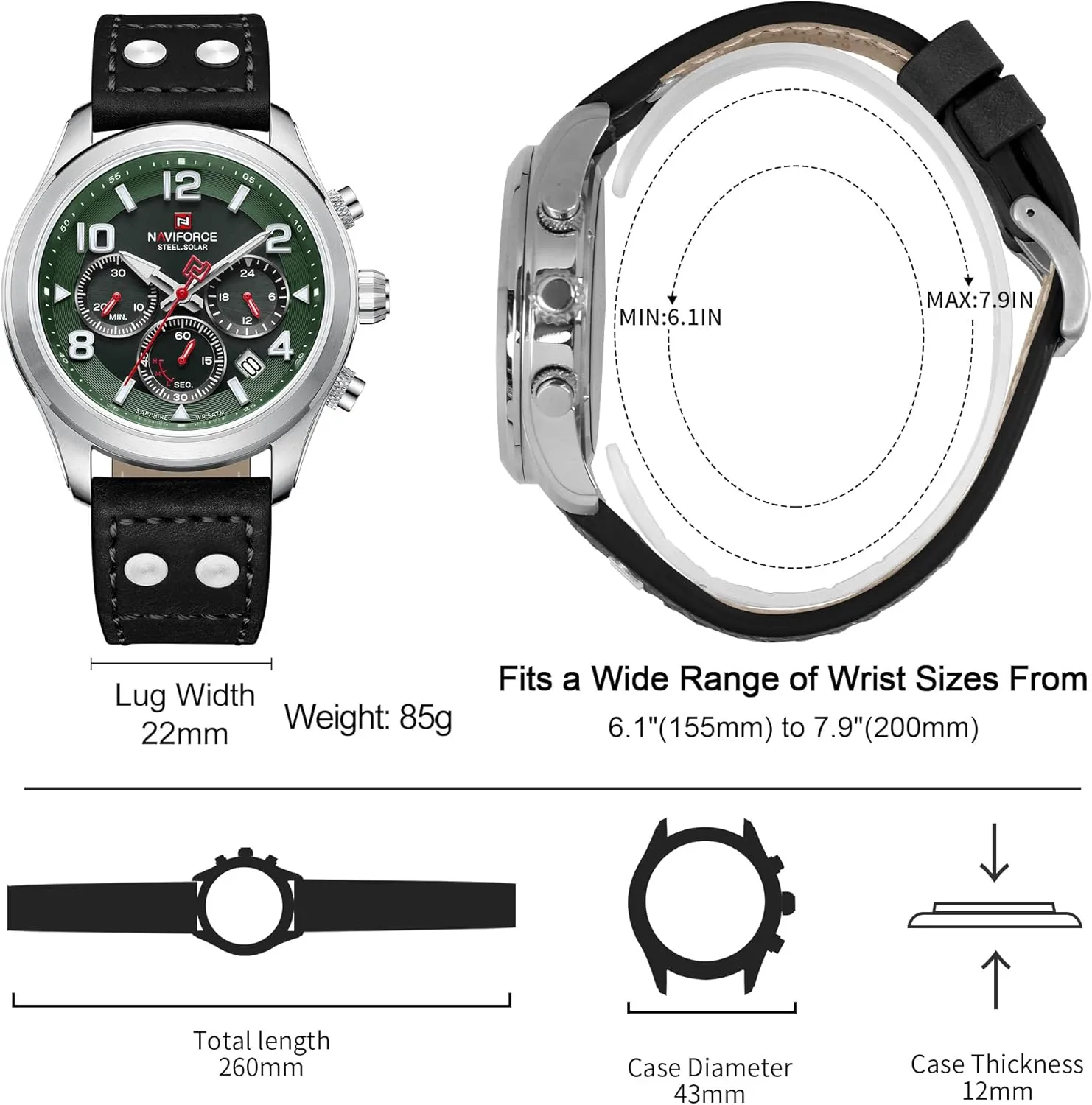 Watch Military Tactical 12/24 Hour Time Luminous Hands Leather Strap Wristwatch 5ATM Waterproof NAVIFORCE Mens Solar imprecise democracy centric disadvantage Soviet vain Powered Sports Chronograph 