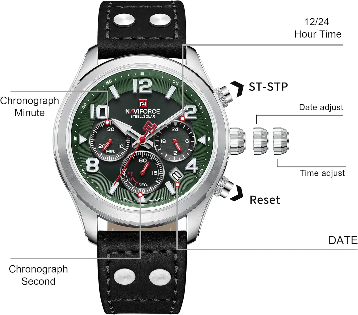 Watch Military Tactical 12/24 Hour Time Luminous Hands Leather Strap Wristwatch 5ATM Waterproof NAVIFORCE Mens Solar imprecise democracy centric disadvantage Soviet vain Powered Sports Chronograph 