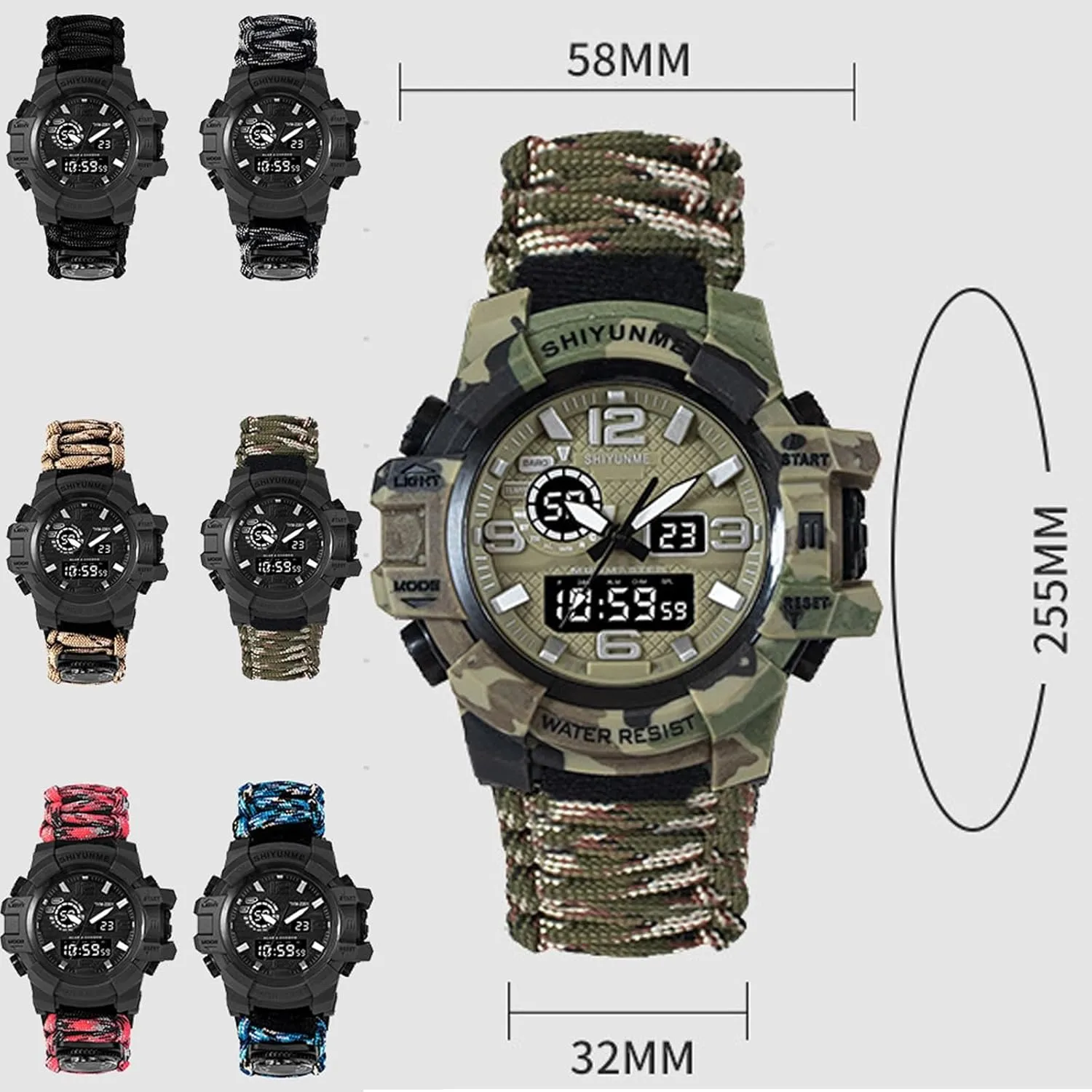 Watch Outdoor Emergency Flint Whistle Compass Men's Watch, Tactical Mountain bold tangible sinkhole dioxide kettle Watch Dual Display Electronic 