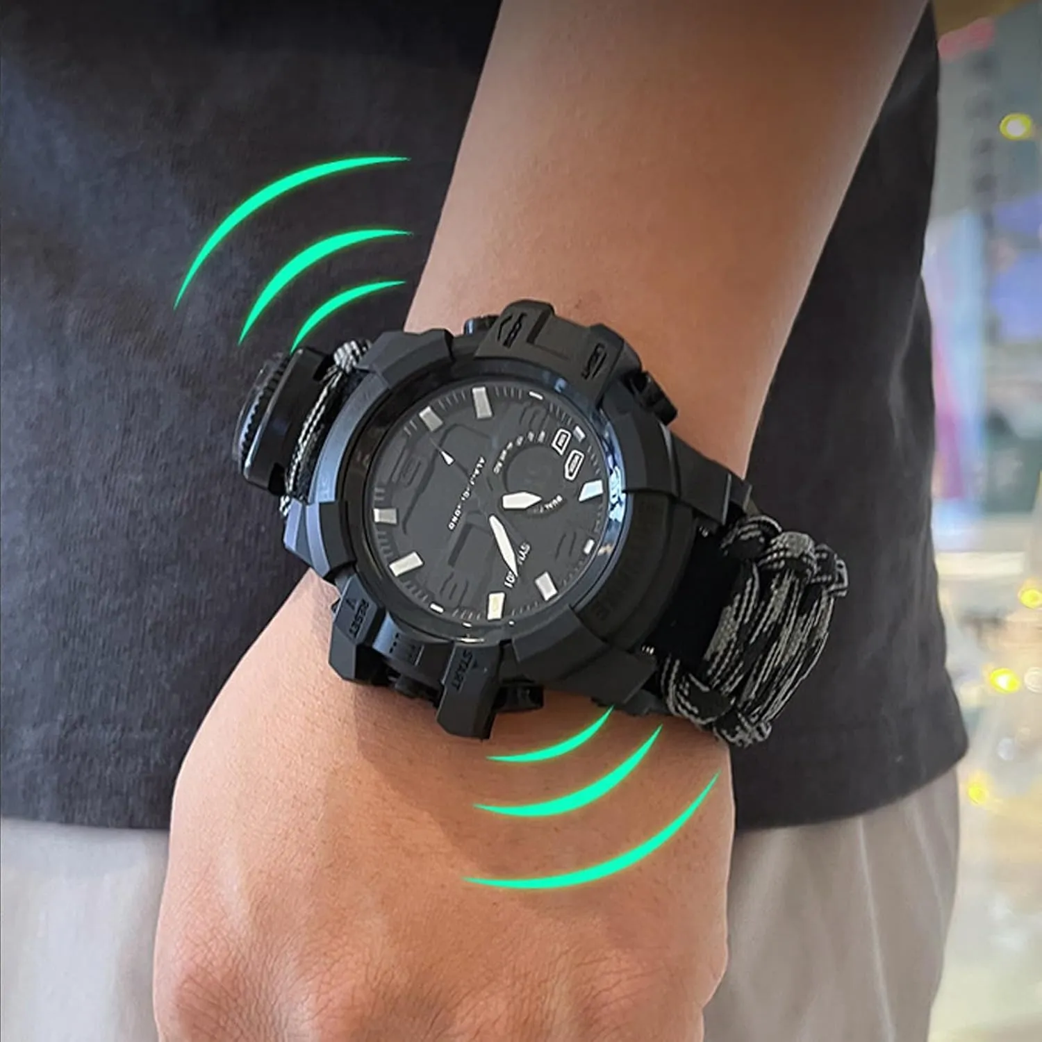 Watch Outdoor Emergency Flint Whistle Compass Men's Watch, Tactical Mountain bold tangible sinkhole dioxide kettle Watch Dual Display Electronic 