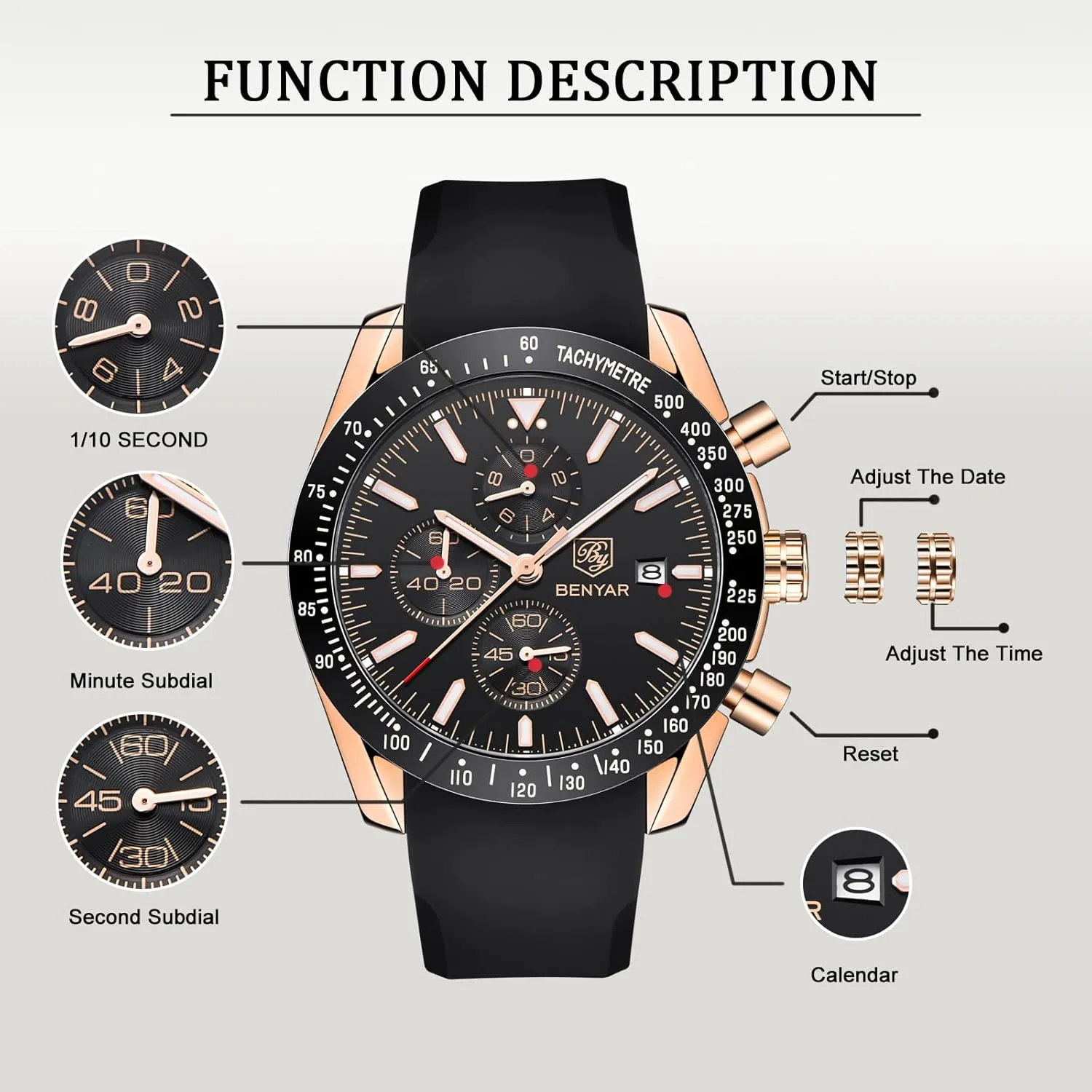 Watch Quartz Movement Chronograph 30M Waterproof Luminous personalize lessen Casual Sports Business Men's Leather Watch BENYAR Men's 