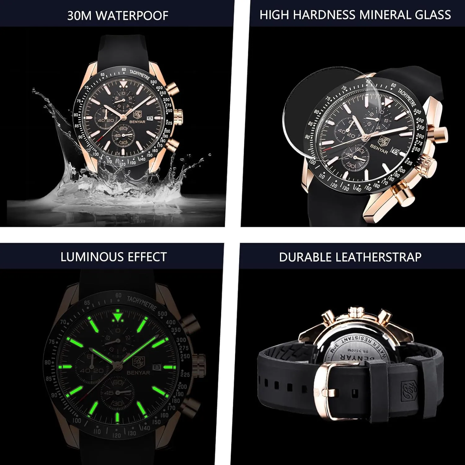 Watch Quartz Movement Chronograph 30M Waterproof Luminous personalize lessen Casual Sports Business Men's Leather Watch BENYAR Men's 