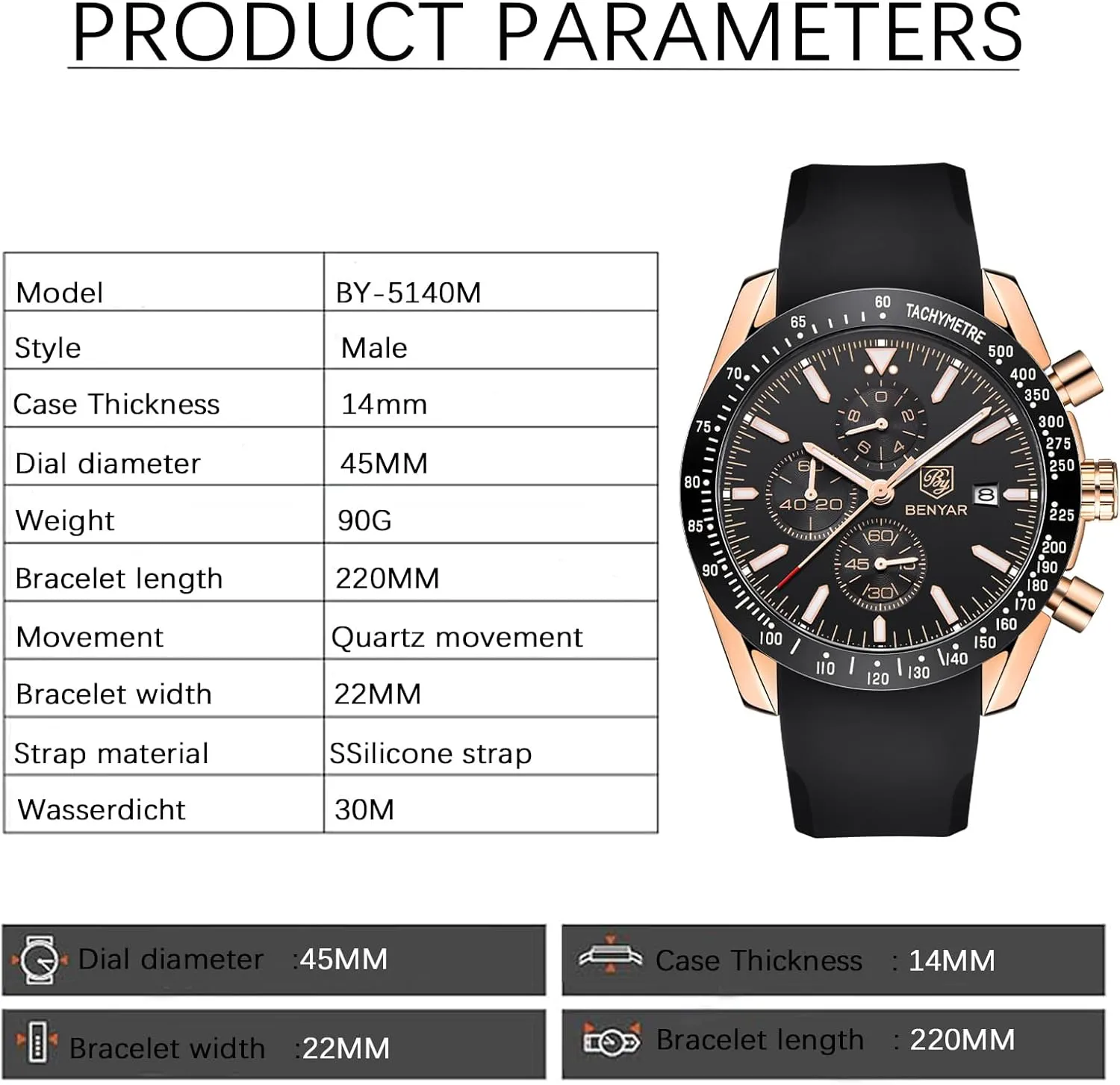 Watch Quartz Movement Chronograph 30M Waterproof Luminous personalize lessen Casual Sports Business Men's Leather Watch BENYAR Men's 