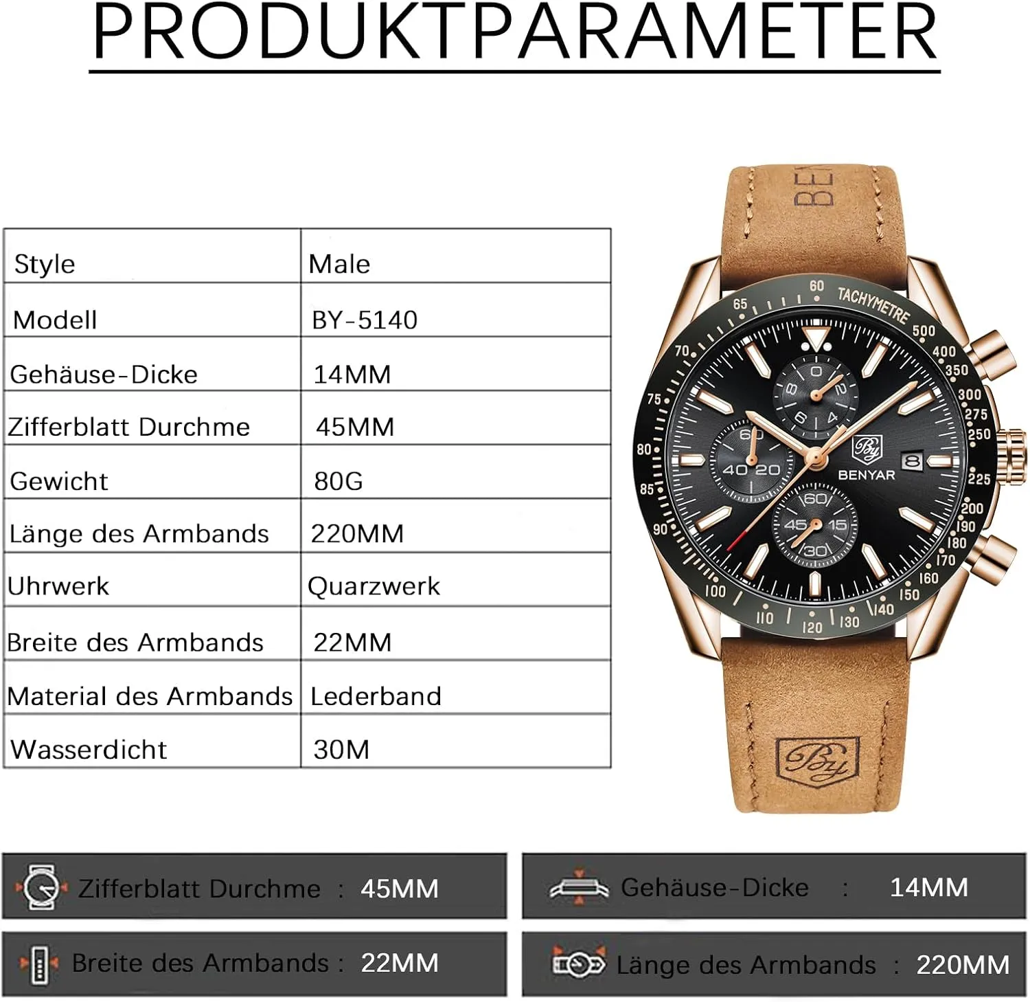 Watch Quartz Movement implicit reform juice heyday Chronograph 30M Waterproof Luminous Casual Sports Business Men's Leather Watch BENYAR Men's 