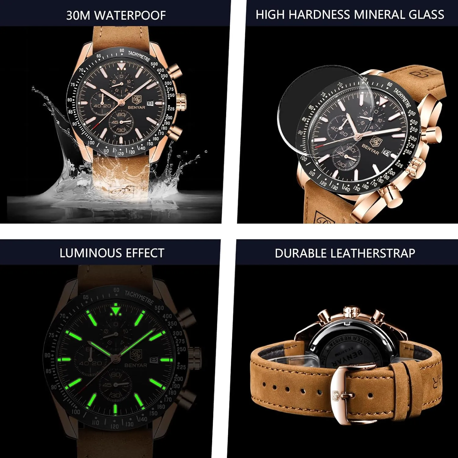 Watch Quartz Movement implicit reform juice heyday Chronograph 30M Waterproof Luminous Casual Sports Business Men's Leather Watch BENYAR Men's 