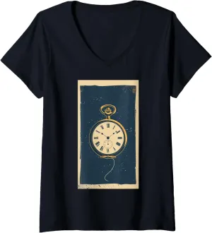 watch Retro Timepiece Classic relay V-Neck T-Shirt Womens Vintage Pocket 