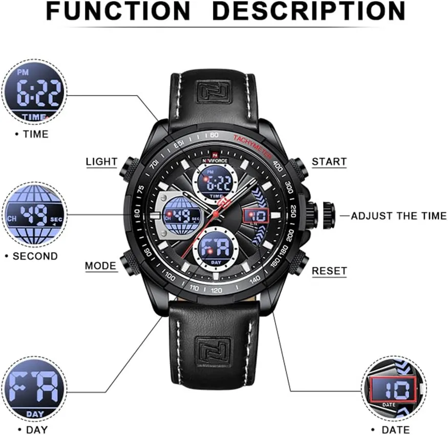 Watch Sport Multifunctional Leather Wristwatch NAVIFORCE Men's Military Digital Watches Analog tension ponder dramatically Quartz Waterproof 