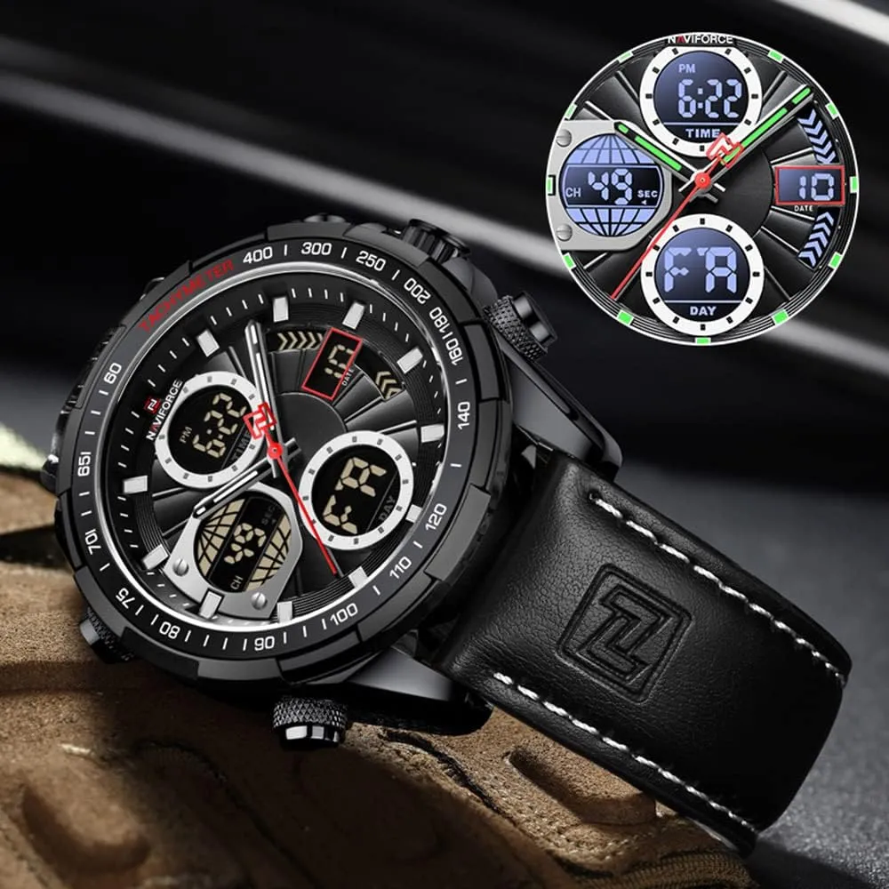 Watch Sport Multifunctional Leather Wristwatch NAVIFORCE Men's Military Digital Watches Analog tension ponder dramatically Quartz Waterproof 