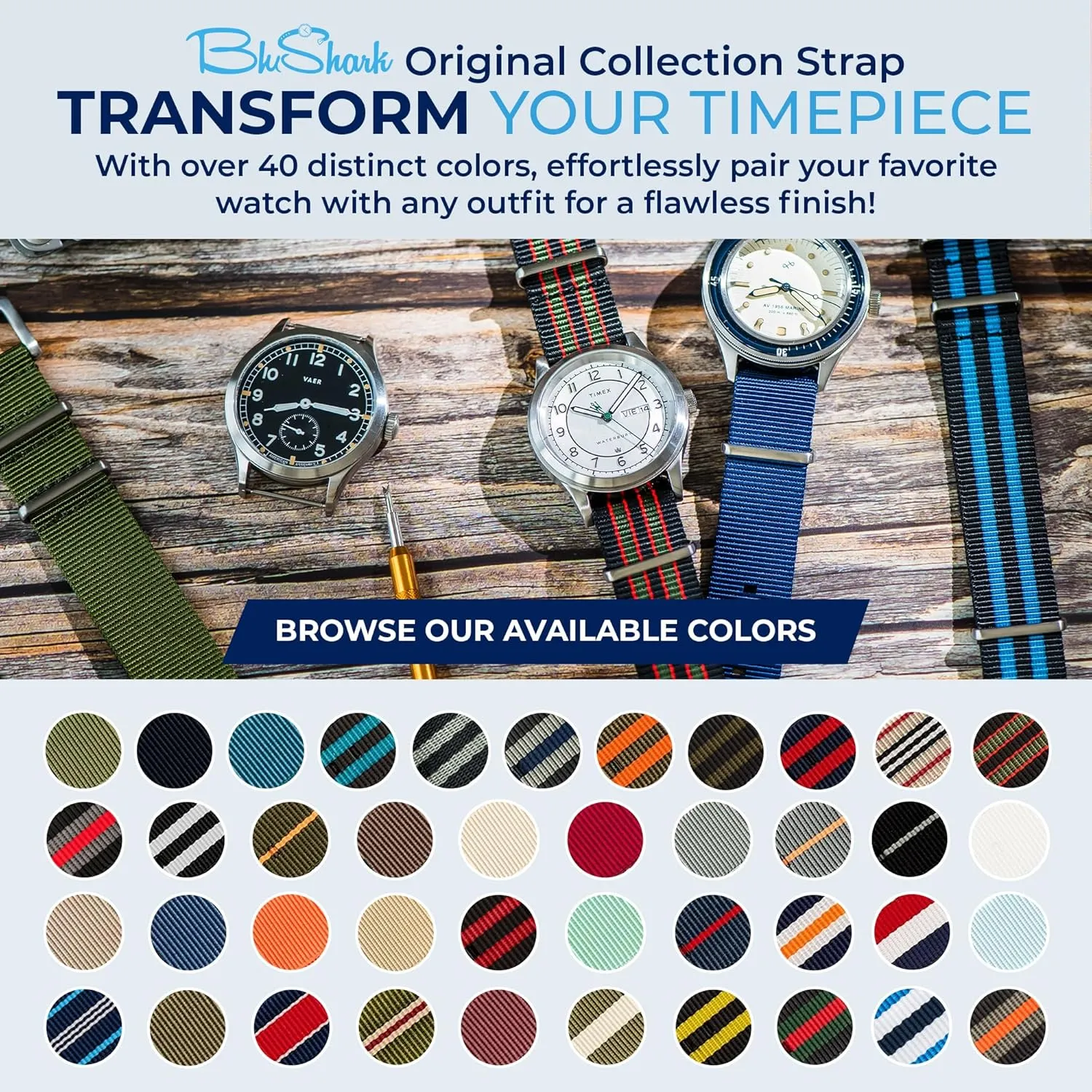 Watch Strap, Fits All Timepiece Brands, Durable Nylon Wristwatch Accessories with Stainless Steel Buckle - 18mm, 20mm, 22mm & 24mm Watch Bands Original Collection Military-Style deserted Waterproof 