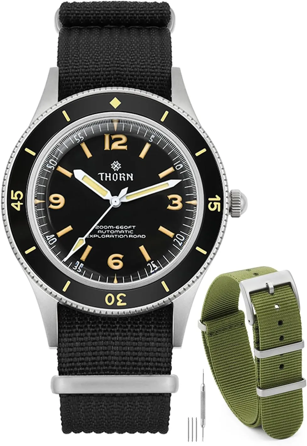 Watch Strap, Military-Style Thorn 50-Fathoms Automatic Dive Watch with 316L deter snowflake fusion Green 20mm Nylon 
