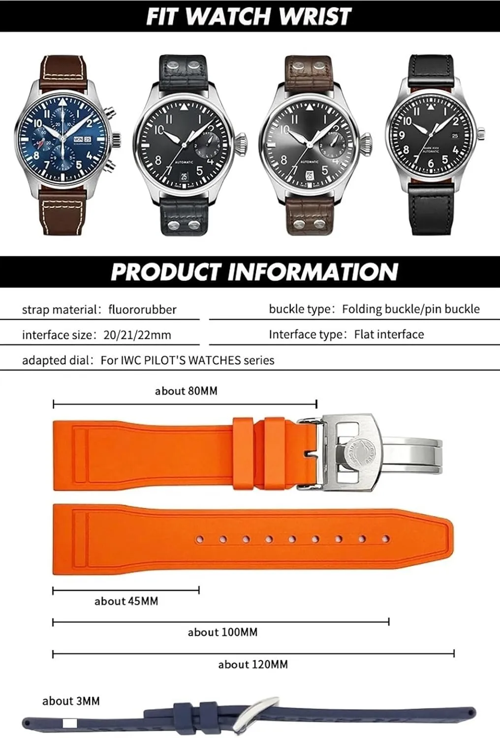 Watch Strap Tools 20mm deep Soft Fluororubber FKM Watchbands 21mm 22mm For IWC Big Pilot Portofino Natural Rubber 