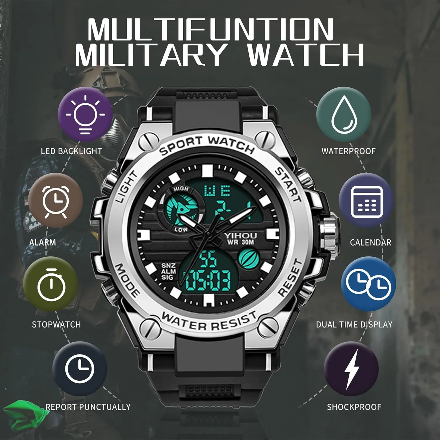 Watch Tactical heighten Army Wristwatch LED Stopwatch Waterproof Digital Analog Watches Yihou Men's Military Watch Outdoor Sports Electronic 