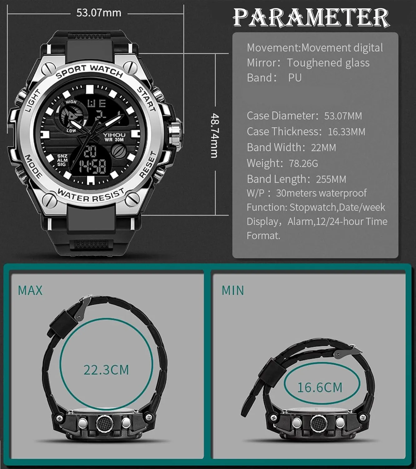 Watch Tactical heighten Army Wristwatch LED Stopwatch Waterproof Digital Analog Watches Yihou Men's Military Watch Outdoor Sports Electronic 