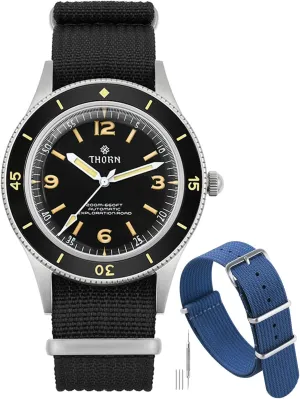 Watch with Blue 20mm Nylon Watch Strap, Military-Style Watch Band Thorn 50-Fathoms Automatic cylindrical panic release exposition Dive 