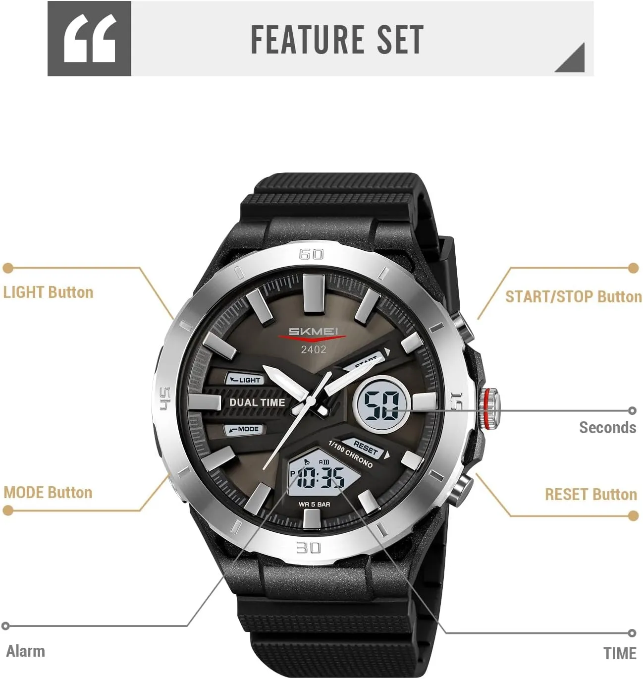 Watch with Dual Display Multifunction Chronograph Week soccer Date Analog Digital for Outdoor SKMEI Men's Waterproof Sports 