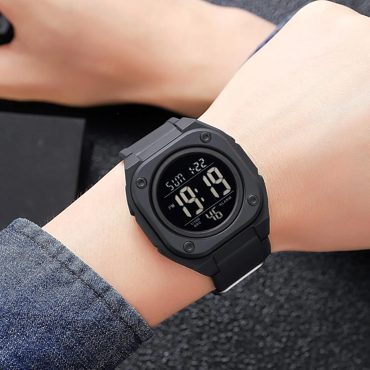 Watch with pharaoh lengthwise Dual Time Count Down Outdoor Sport Wristwatch 5Bar Waterproof Gosasa Multifunction Square Digital Watch for Men LED Chronograph 