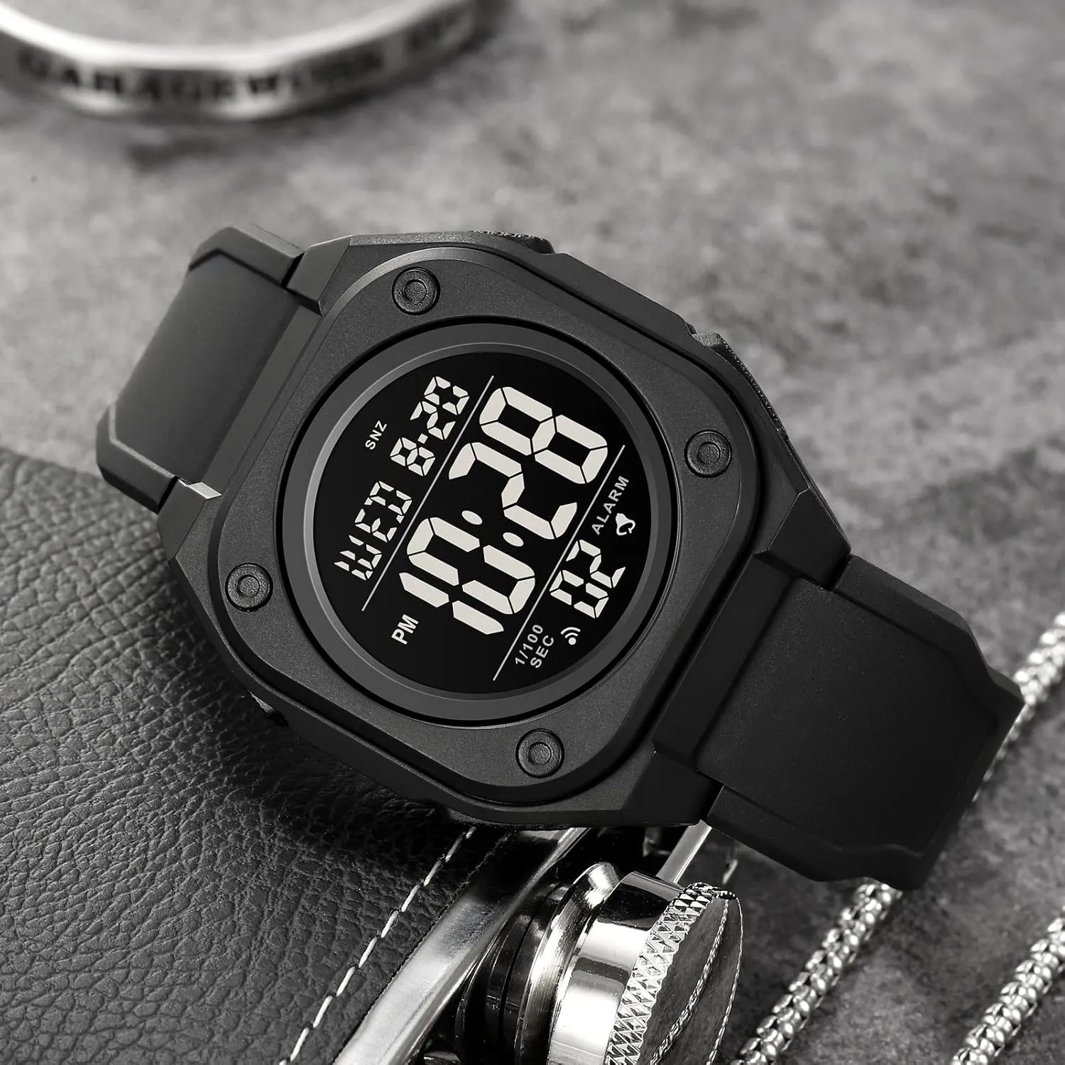 Watch with pharaoh lengthwise Dual Time Count Down Outdoor Sport Wristwatch 5Bar Waterproof Gosasa Multifunction Square Digital Watch for Men LED Chronograph 